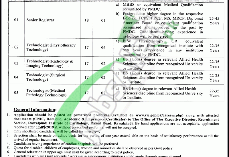 Rawalpindi Institute of Cardiology RIC Jobs 2019 Online Form Download ...